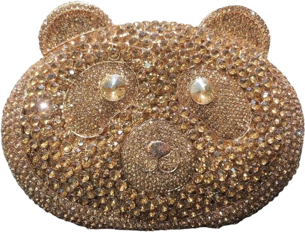 Panda Head Women Crystal Clutch Evening Bags Bling Luxury Handbags Wedding Party Purses Bag, Golden