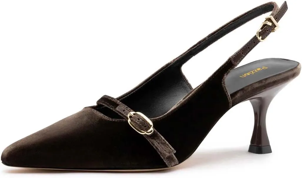 Pazzion Women's Pointed Closed Toe Slingback Pumps Mid Kitten Heel Ankle Strap Buckled Sandals Comfy Daily Prom Event Shoes Size 4-16 US