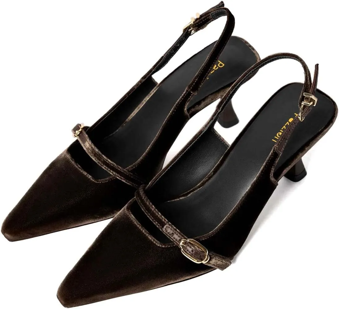 Pazzion Women's Pointed Closed Toe Slingback Pumps Mid Kitten Heel Ankle Strap Buckled Sandals Comfy Daily Prom Event Shoes Size 4-16 US