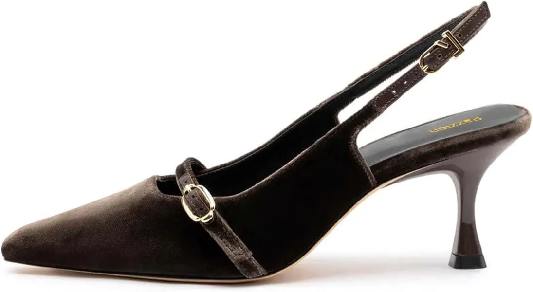 Pazzion Women's Pointed Closed Toe Slingback Pumps Mid Kitten Heel Ankle Strap Buckled Sandals Comfy Daily Prom Event Shoes Size 4-16 US