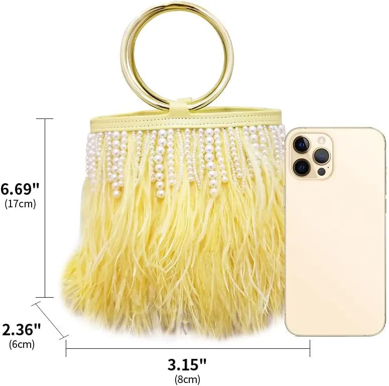 Pearl Evening Bag Bucket Handbag with Beaded Tassel Feather Clutch Purse Feather Money Purse for Wedding Party