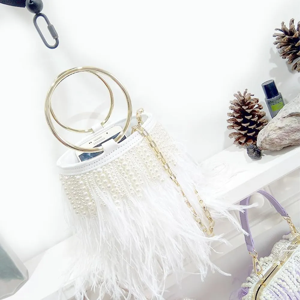 Pearl Evening Bag Bucket Handbag with Beaded Tassel Feather Clutch Purse Feather Money Purse for Wedding Party