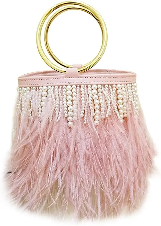 Pearl Evening Bag Bucket Handbag with Beaded Tassel Feather Clutch Purse Feather Money Purse for Wedding Party