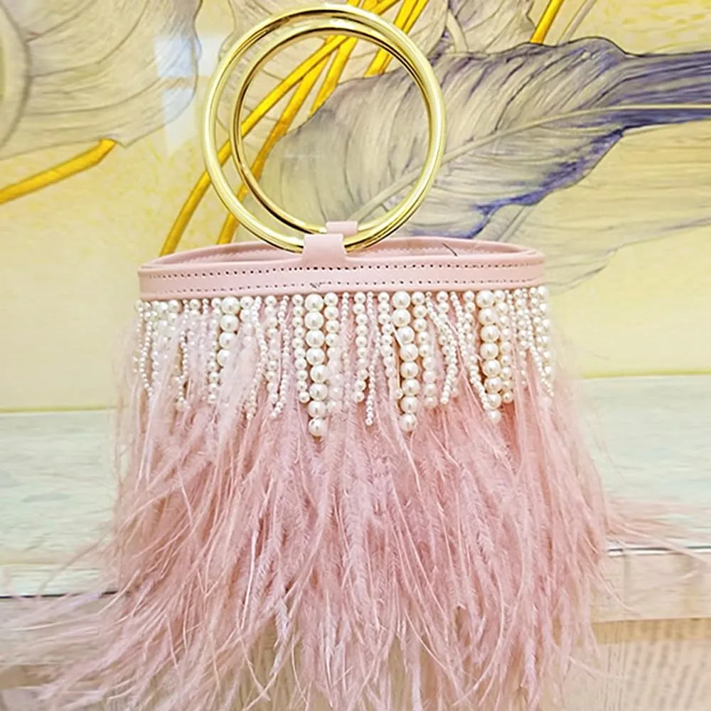 Pearl Evening Bag Bucket Handbag with Beaded Tassel Feather Clutch Purse Feather Money Purse for Wedding Party