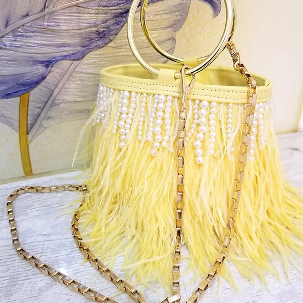 Pearl Evening Bag Bucket Handbag with Beaded Tassel Feather Clutch Purse Feather Money Purse for Wedding Party