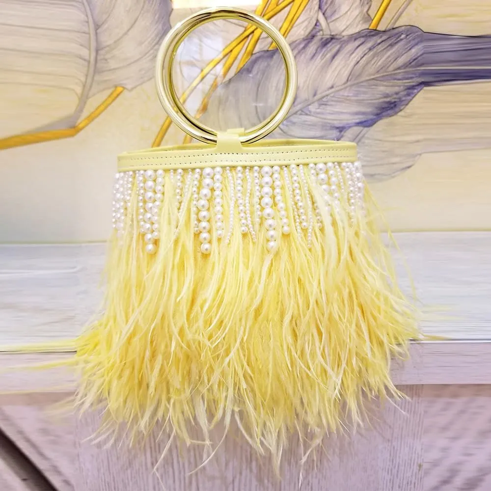 Pearl Evening Bag Bucket Handbag with Beaded Tassel Feather Clutch Purse Feather Money Purse for Wedding Party