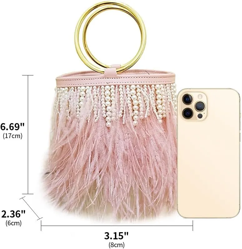Pearl Evening Bag Bucket Handbag with Beaded Tassel Feather Clutch Purse Feather Money Purse for Wedding Party