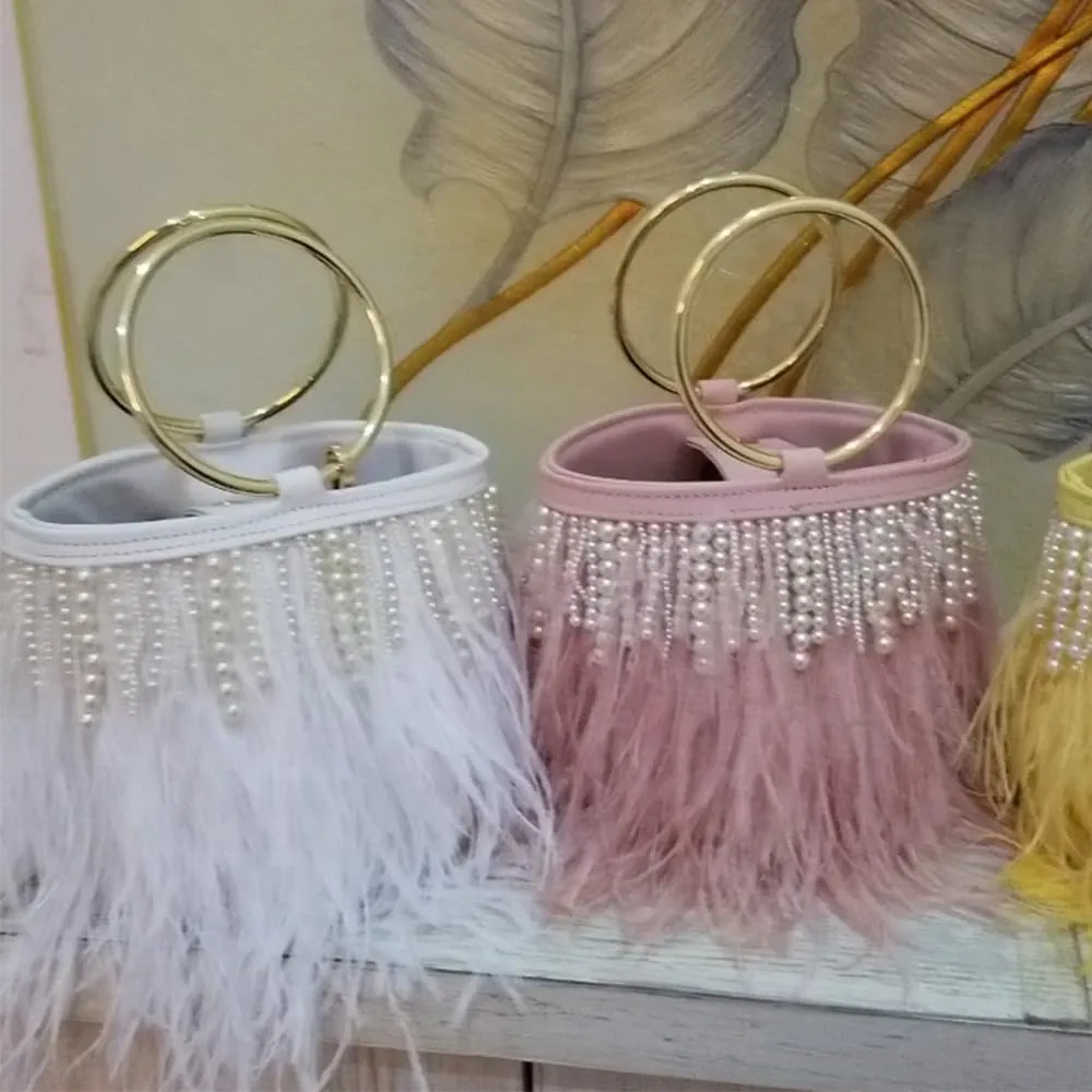 Pearl Evening Bag Bucket Handbag with Beaded Tassel Feather Clutch Purse Feather Money Purse for Wedding Party