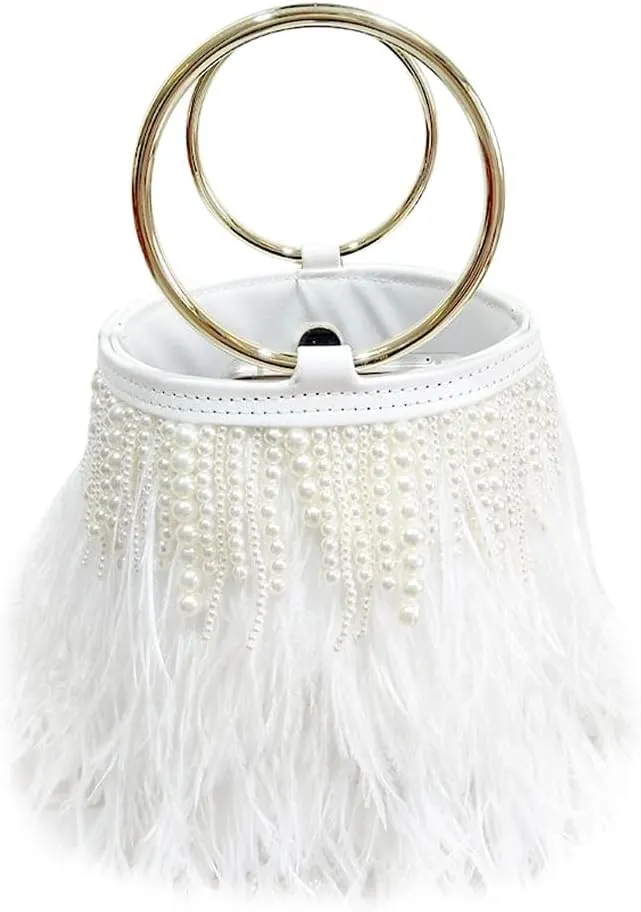 Pearl Evening Bag Bucket Handbag with Beaded Tassel Feather Clutch Purse Feather Money Purse for Wedding Party