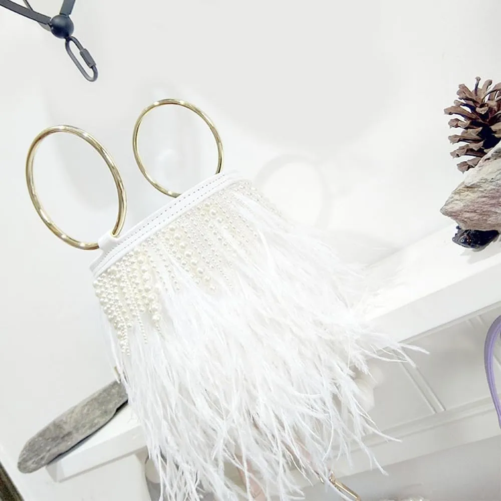 Pearl Evening Bag Bucket Handbag with Beaded Tassel Feather Clutch Purse Feather Money Purse for Wedding Party