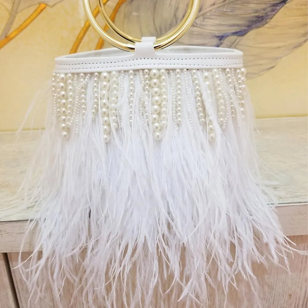 Pearl Evening Bag Bucket Handbag with Beaded Tassel Feather Clutch Purse Feather Money Purse for Wedding Party