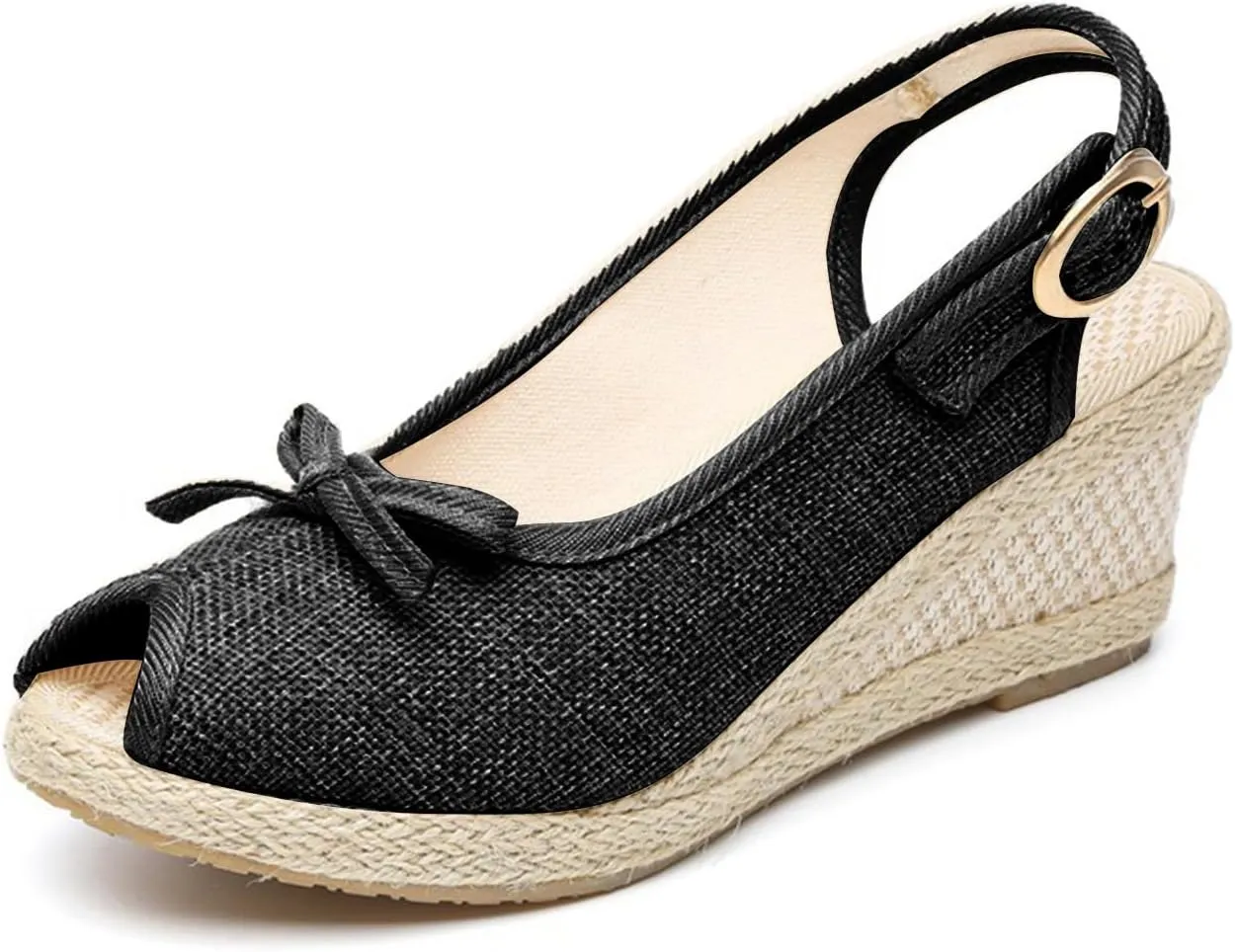 Peep Toe Wedges Heels for Women Bow Decoration Ankle Strap Espadrille Sandal Anti Slip Walking Shoes Comfortable Summer Sandals Chunky Heel Wedges for Beach Vacation Dressy Casual Shoes 2025 Fashion