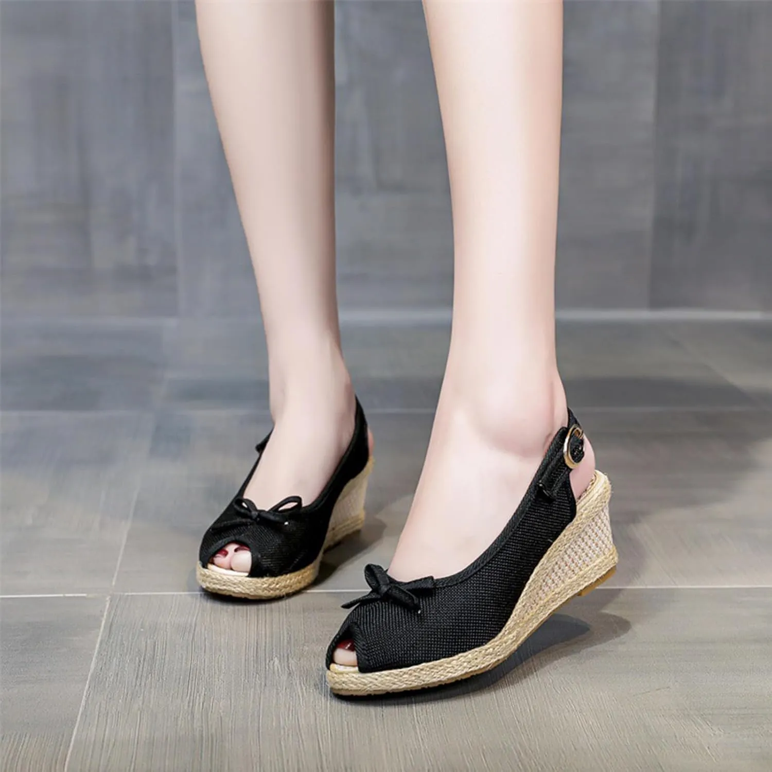 Peep Toe Wedges Heels for Women Bow Decoration Ankle Strap Espadrille Sandal Anti Slip Walking Shoes Comfortable Summer Sandals Chunky Heel Wedges for Beach Vacation Dressy Casual Shoes 2025 Fashion