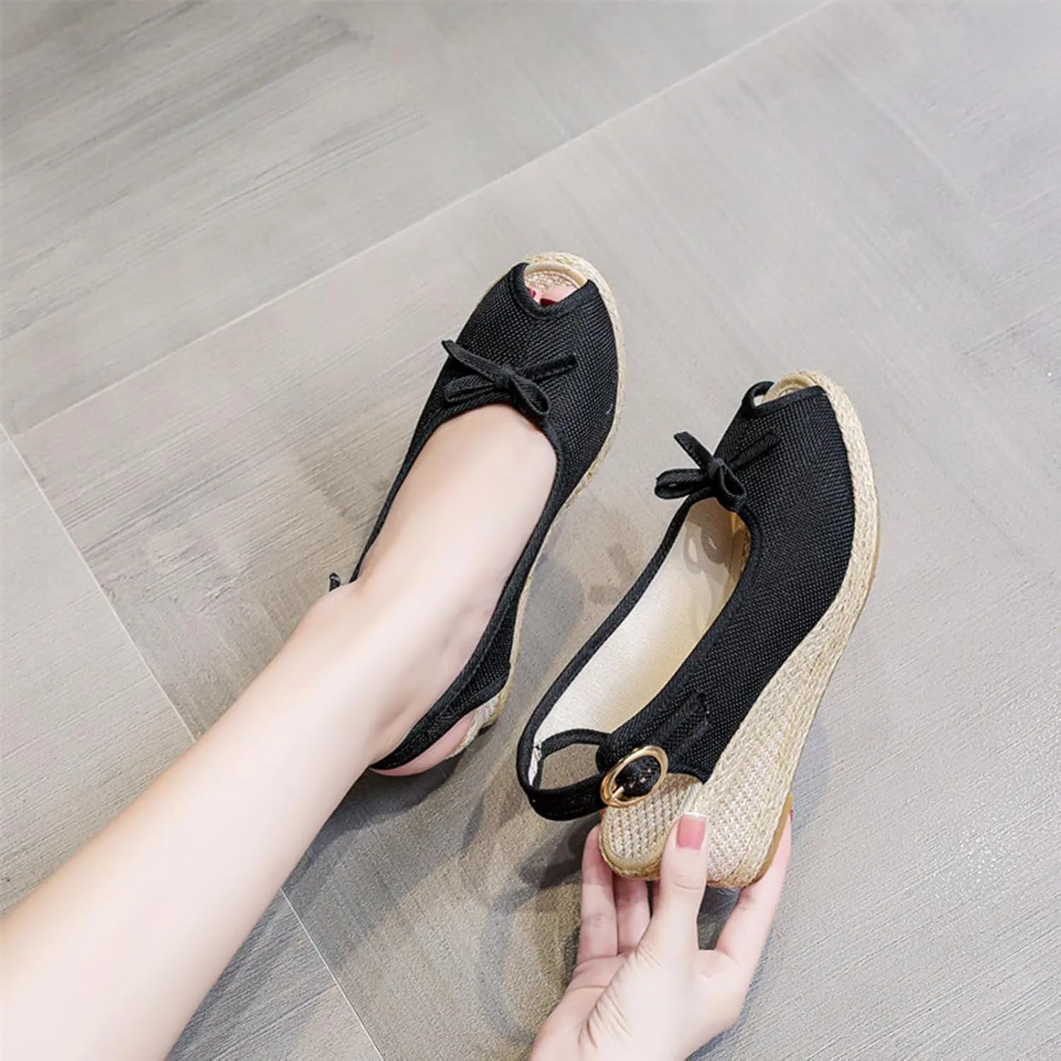 Peep Toe Wedges Heels for Women Bow Decoration Ankle Strap Espadrille Sandal Anti Slip Walking Shoes Comfortable Summer Sandals Chunky Heel Wedges for Beach Vacation Dressy Casual Shoes 2025 Fashion