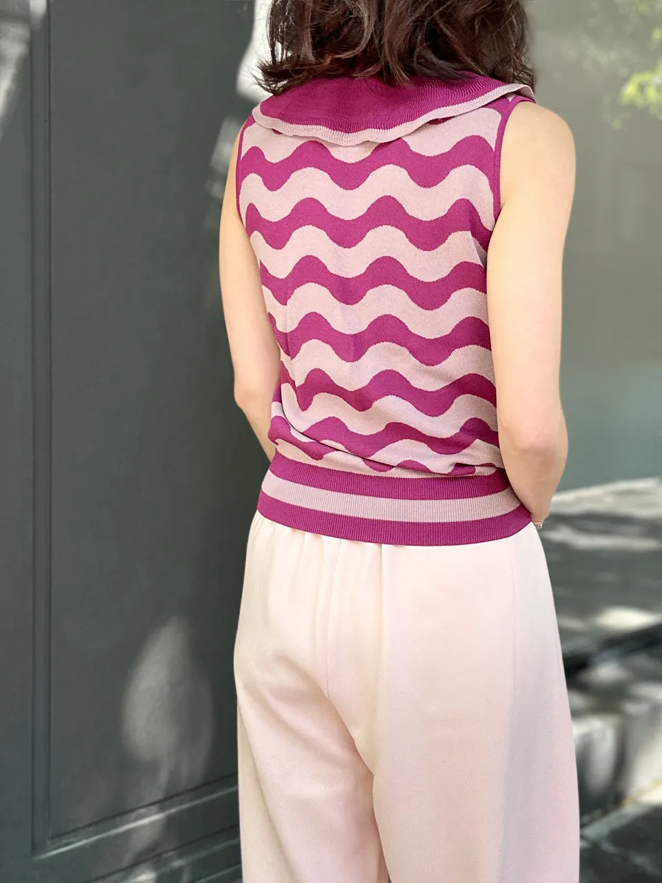 Pink Shades Contrast Wavey Ruffle Collar Summer Knit Top