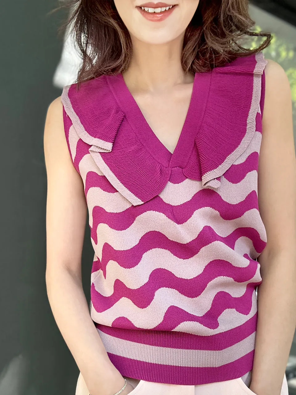 Pink Shades Contrast Wavey Ruffle Collar Summer Knit Top