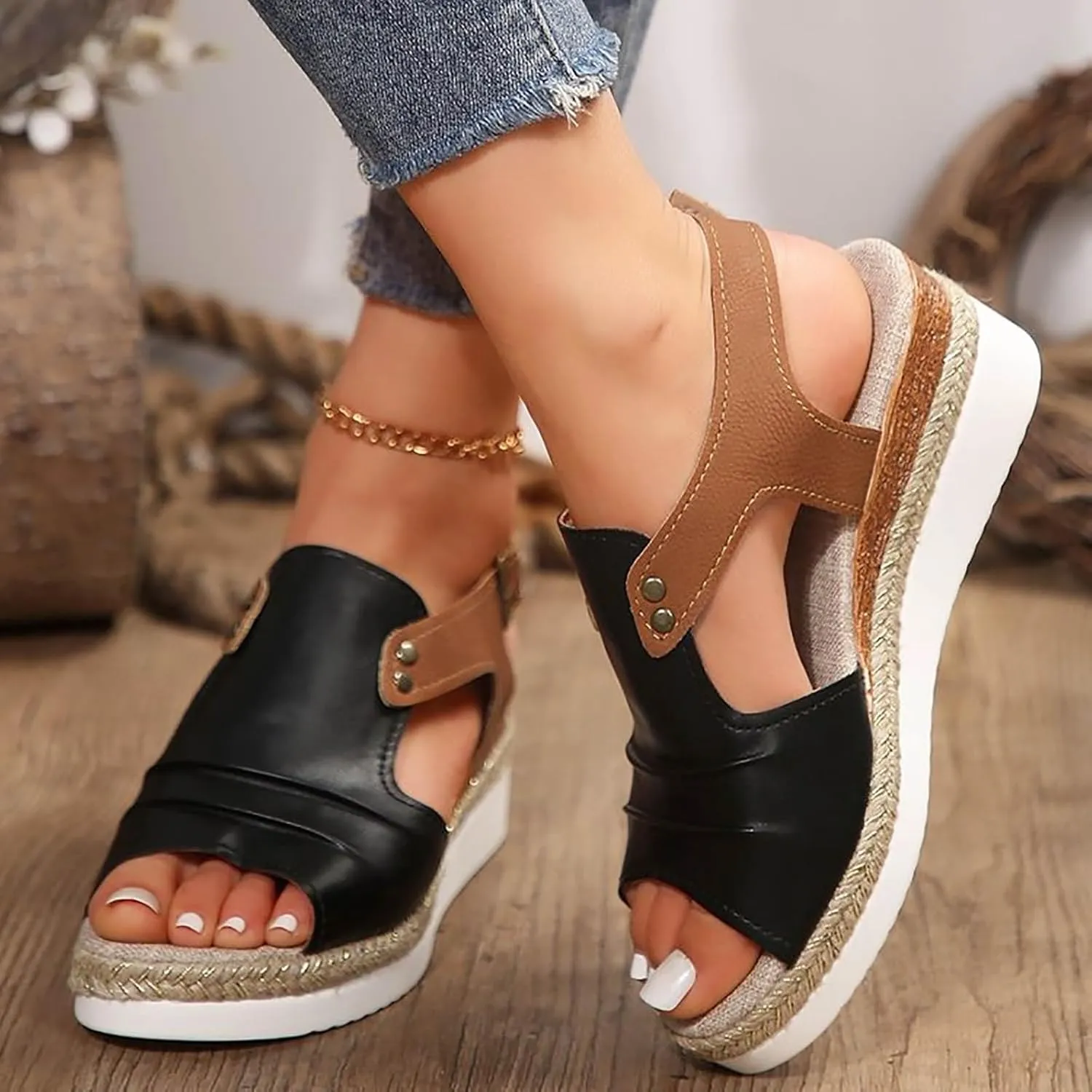 Platform Wedge Sandals for Women Dressy Summer, Womens Open Toe Buckle Ankle Strap Summer Platform Wedge Sandals, Ladies Comfortable Wedding Party Dress Shoe Wide Width Orthopedic Shoes