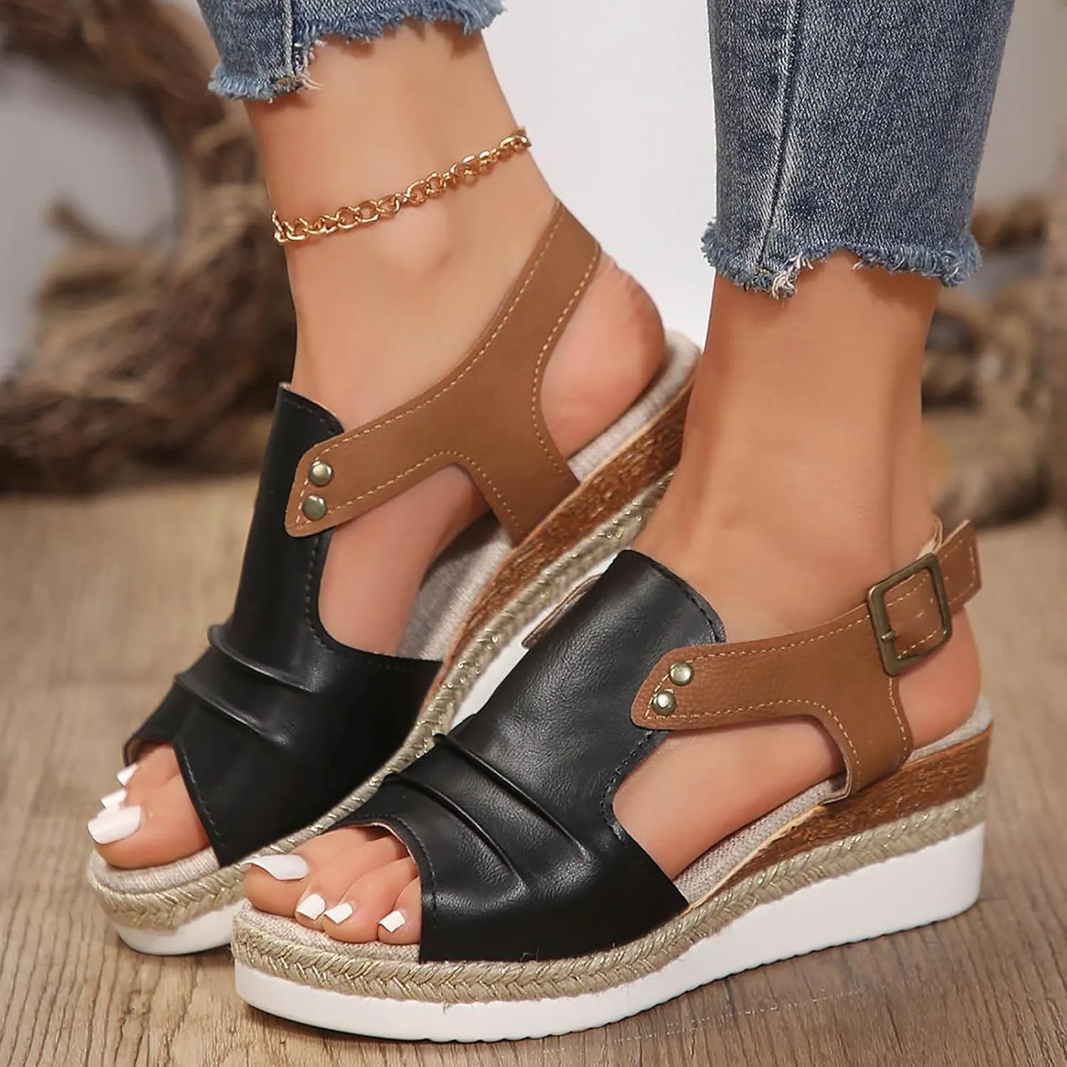 Platform Wedge Sandals for Women Dressy Summer, Womens Open Toe Buckle Ankle Strap Summer Platform Wedge Sandals, Ladies Comfortable Wedding Party Dress Shoe Wide Width Orthopedic Shoes