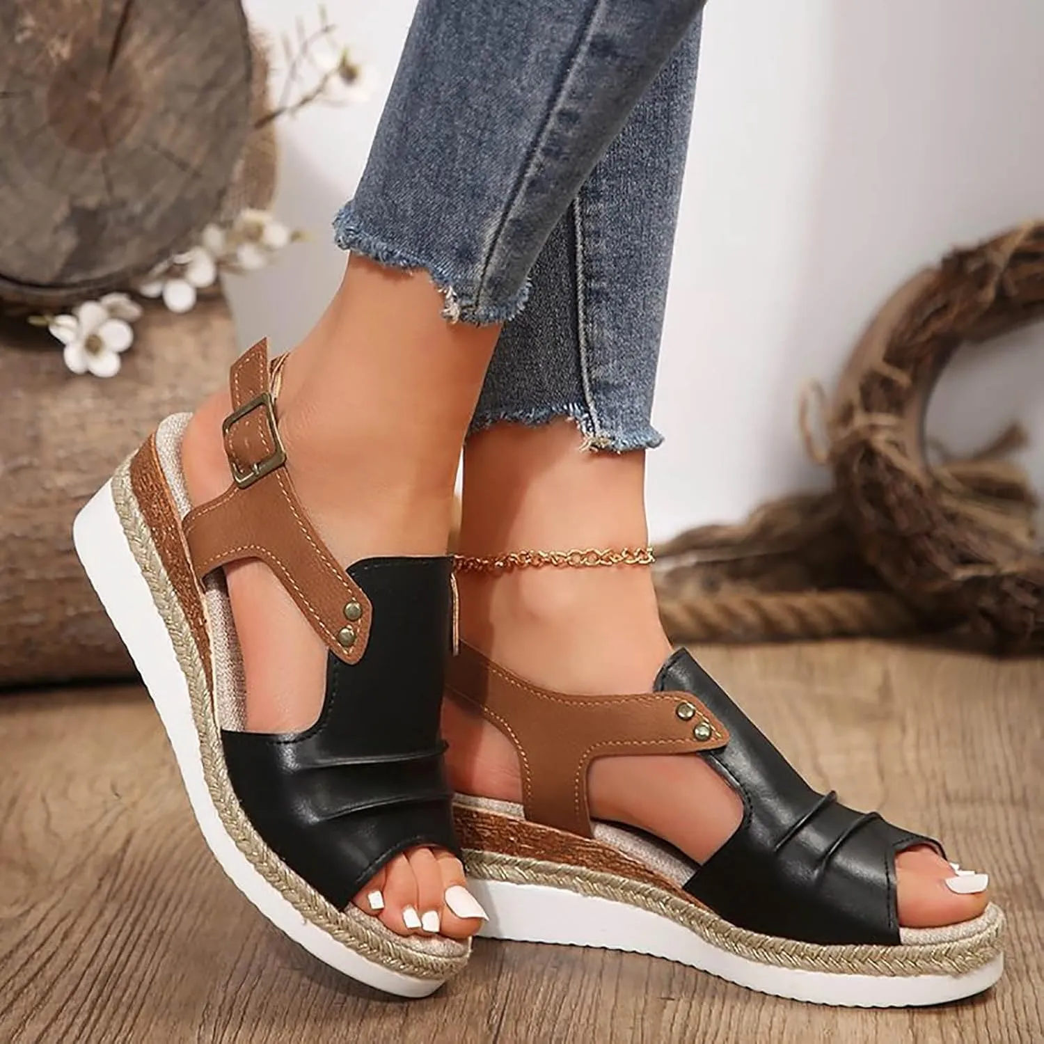Platform Wedge Sandals for Women Dressy Summer, Womens Open Toe Buckle Ankle Strap Summer Platform Wedge Sandals, Ladies Comfortable Wedding Party Dress Shoe Wide Width Orthopedic Shoes