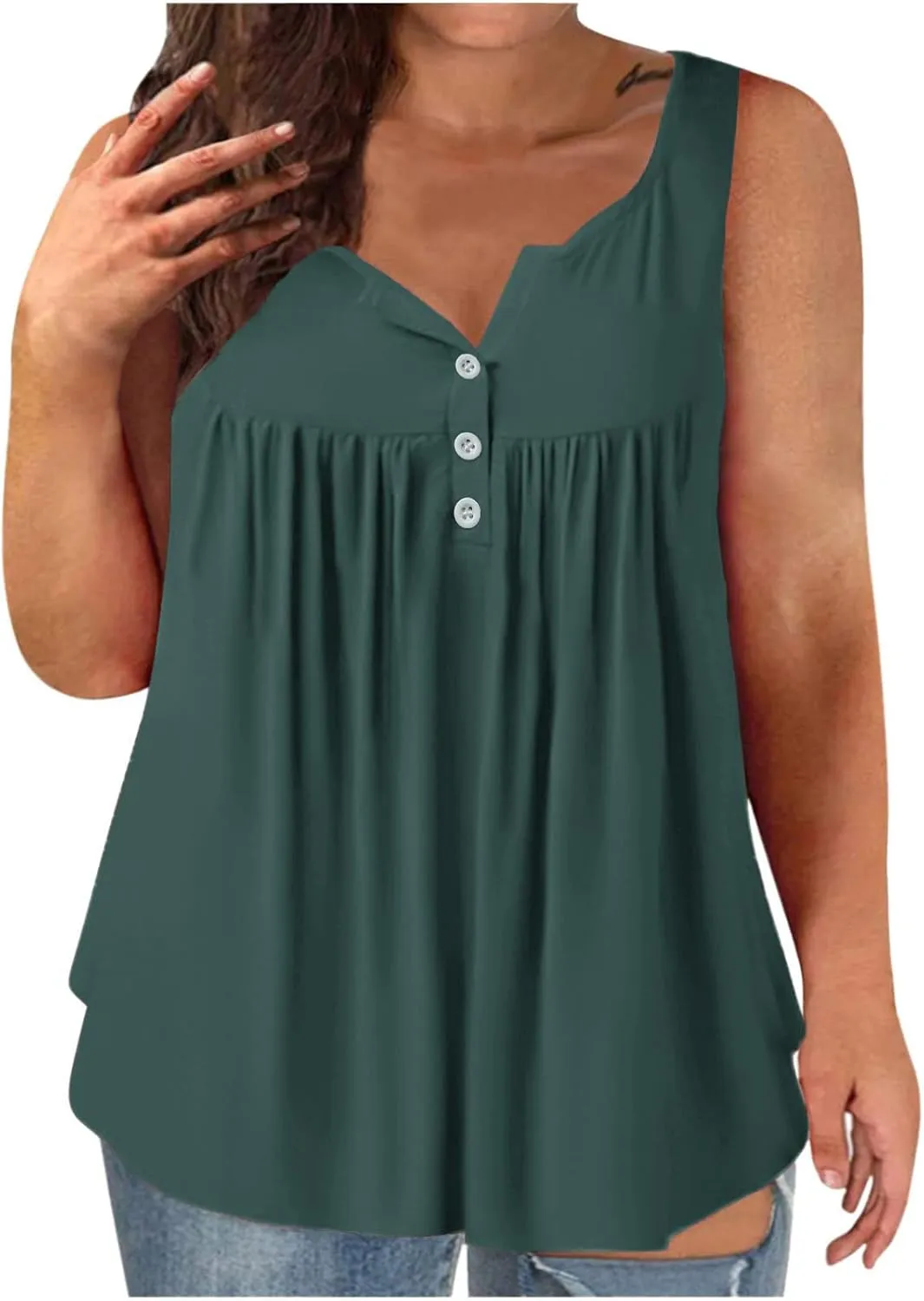 Plus Size Tank Tops for Women Summer V-neck Sleeveless Solid Shirts Buttons Up Loose Fit Pleated Flowy Tunic Blouse