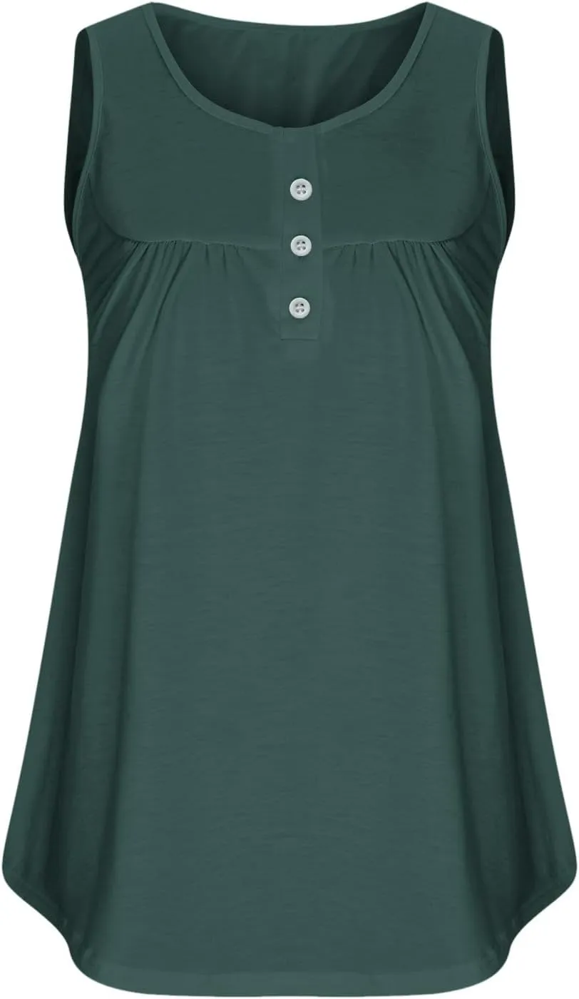 Plus Size Tank Tops for Women Summer V-neck Sleeveless Solid Shirts Buttons Up Loose Fit Pleated Flowy Tunic Blouse