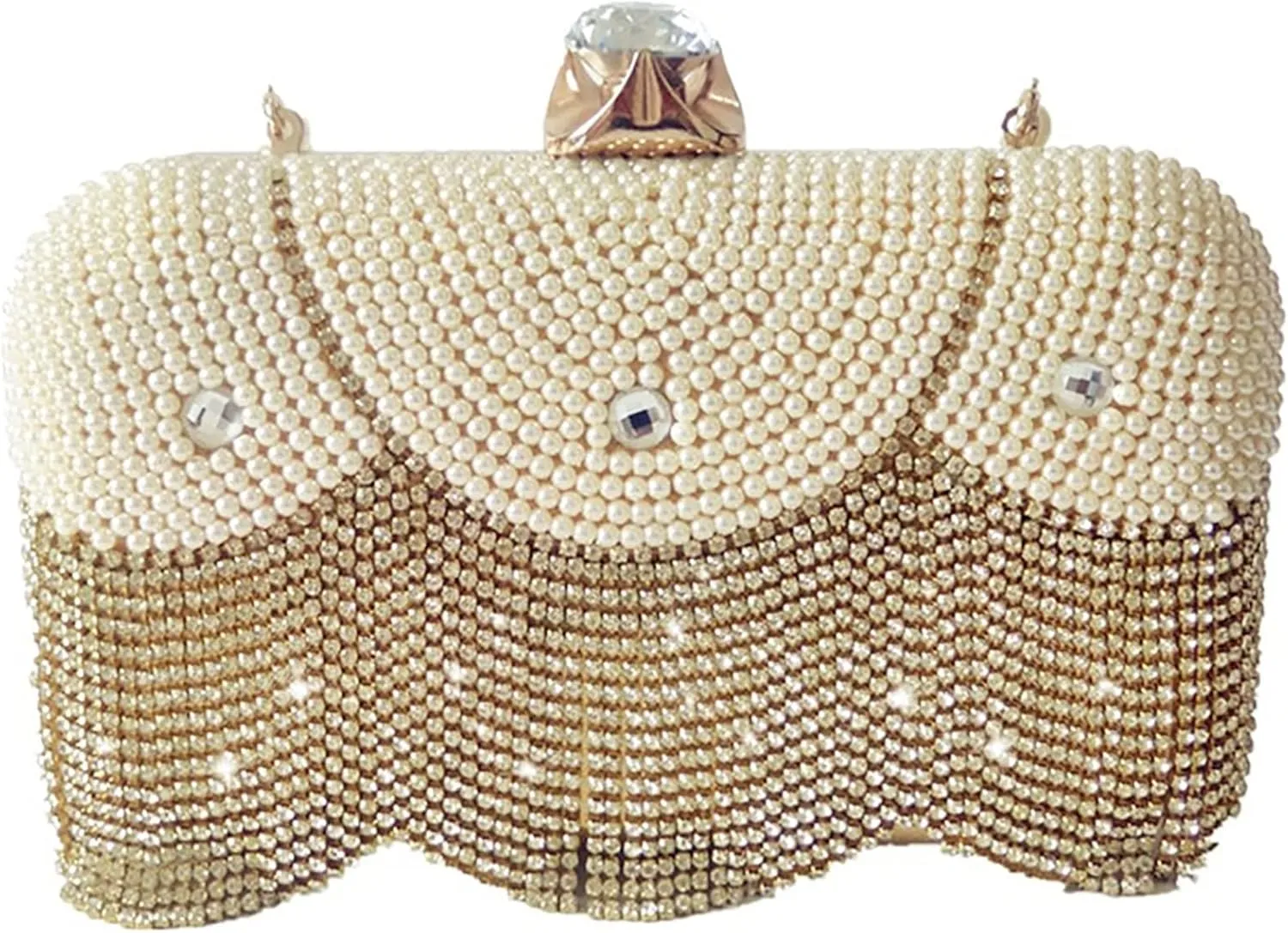 PU Leather Clutch Purses Artificial Pearl Beaded Evening Bags for Women, Rhinestone Crystal Wedding Handbags (Color : Beige)