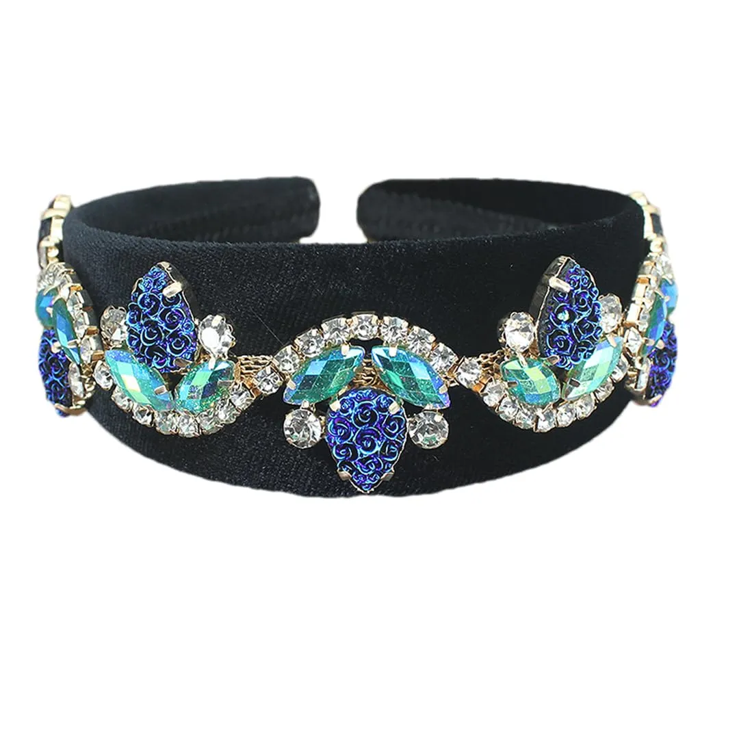Pulcykp 4Cm Wide Vintage Handmade Rhinestone Crown Baroque Wide Hairband Diadem Hair Jewelry black headband