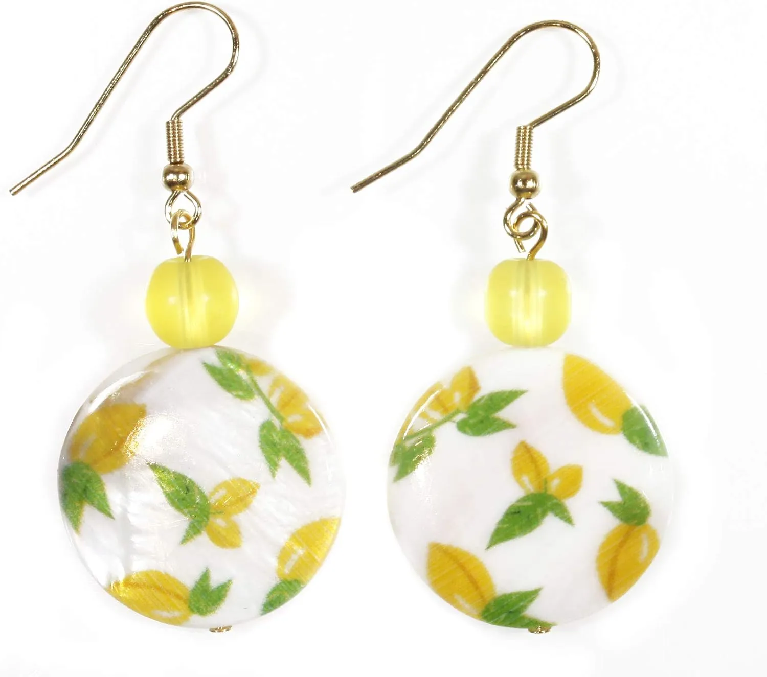 "Lemon Drops", Mother of Pearl Earrings with Yellow Lemon Design