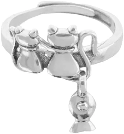 Retro Couple Cat Open Band Ring for Women Men Vintage Silver Hanging Small Fish Animal Pet Extendable Knuckle Middle Finger Wrap Rings Statement Fashion Cocktail Party Unique Jewelry Best Friends