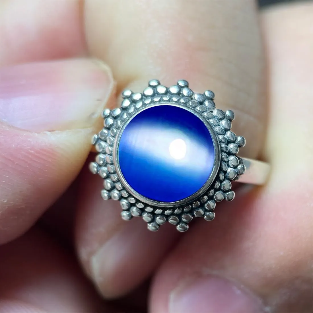 Round Genuine Cat Eye Stone Ring for Women,S925 Sterling Silver Retro Natural SunflowerStone Sun Ring Jewelry for Her