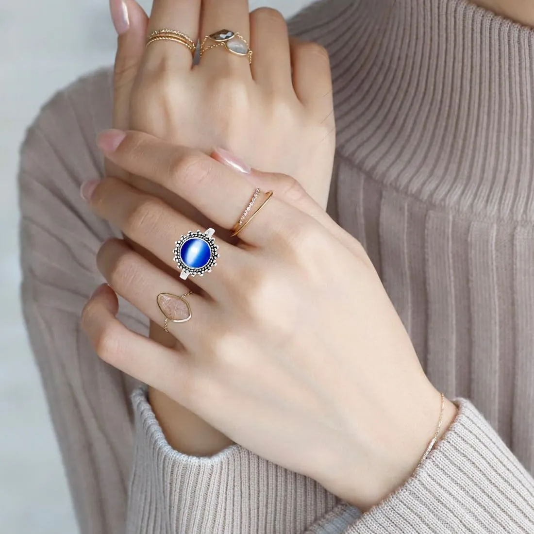 Round Genuine Cat Eye Stone Ring for Women,S925 Sterling Silver Retro Natural SunflowerStone Sun Ring Jewelry for Her