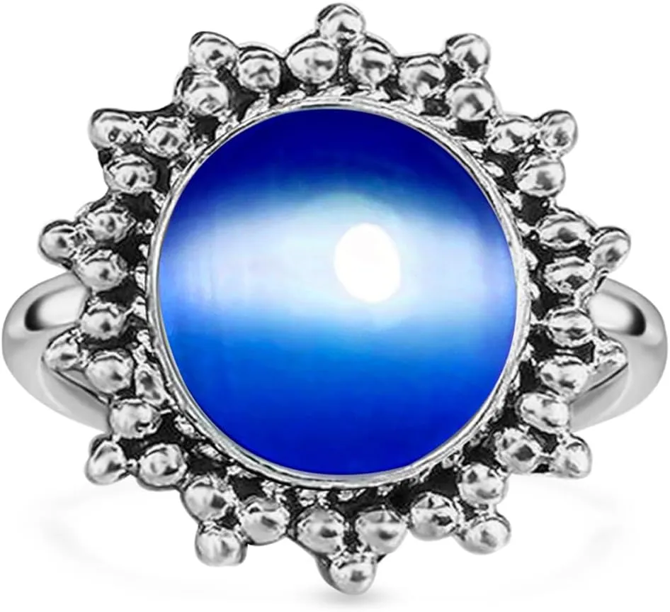 Round Genuine Cat Eye Stone Ring for Women,S925 Sterling Silver Retro Natural SunflowerStone Sun Ring Jewelry for Her