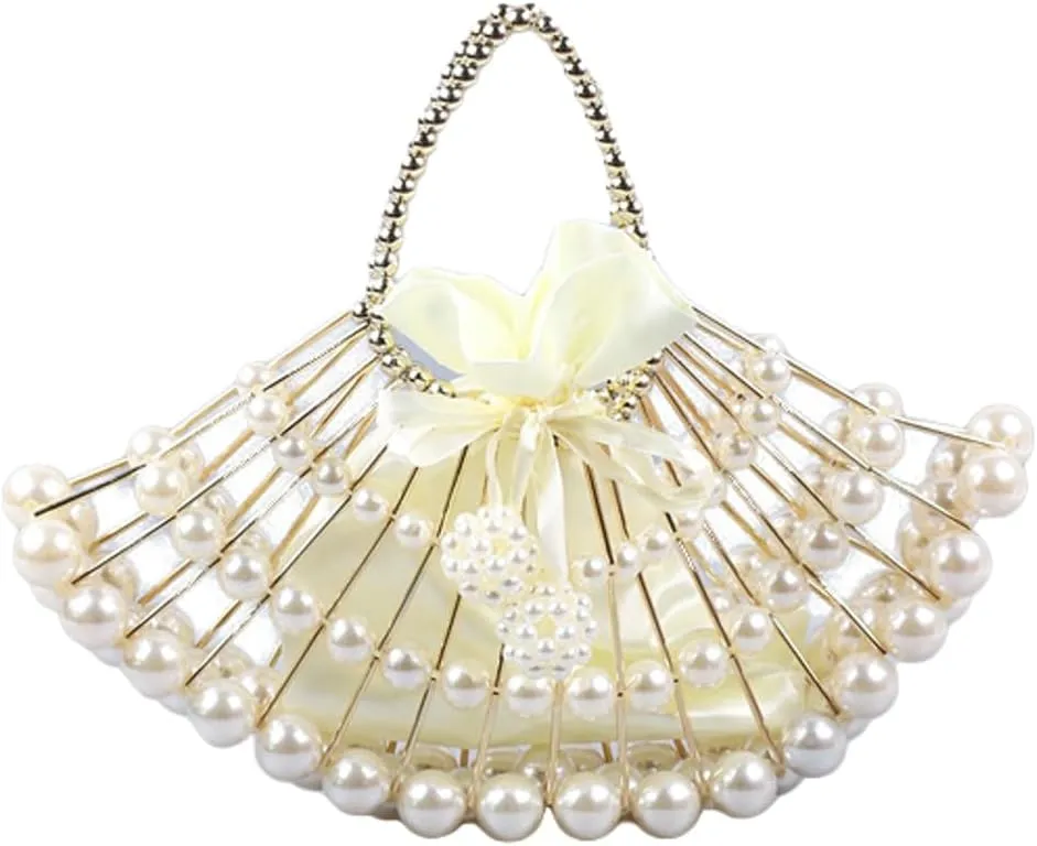 Rungion Womens Pearl Clutch Purse Shell Beaded Bridal Evening Bag Hollow Handmade Woven Handbags for Party Wedding