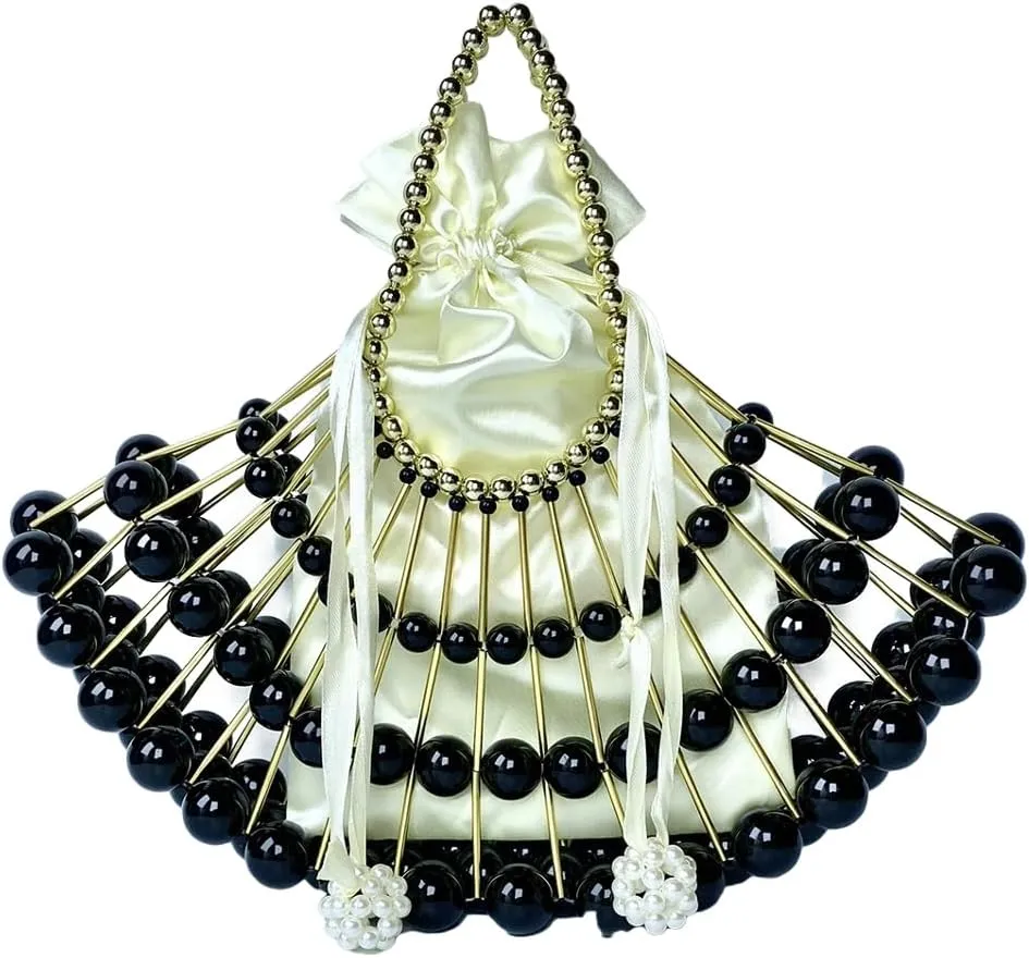 Rungion Womens Pearl Clutch Purse Shell Beaded Bridal Evening Bag Hollow Handmade Woven Handbags for Party Wedding
