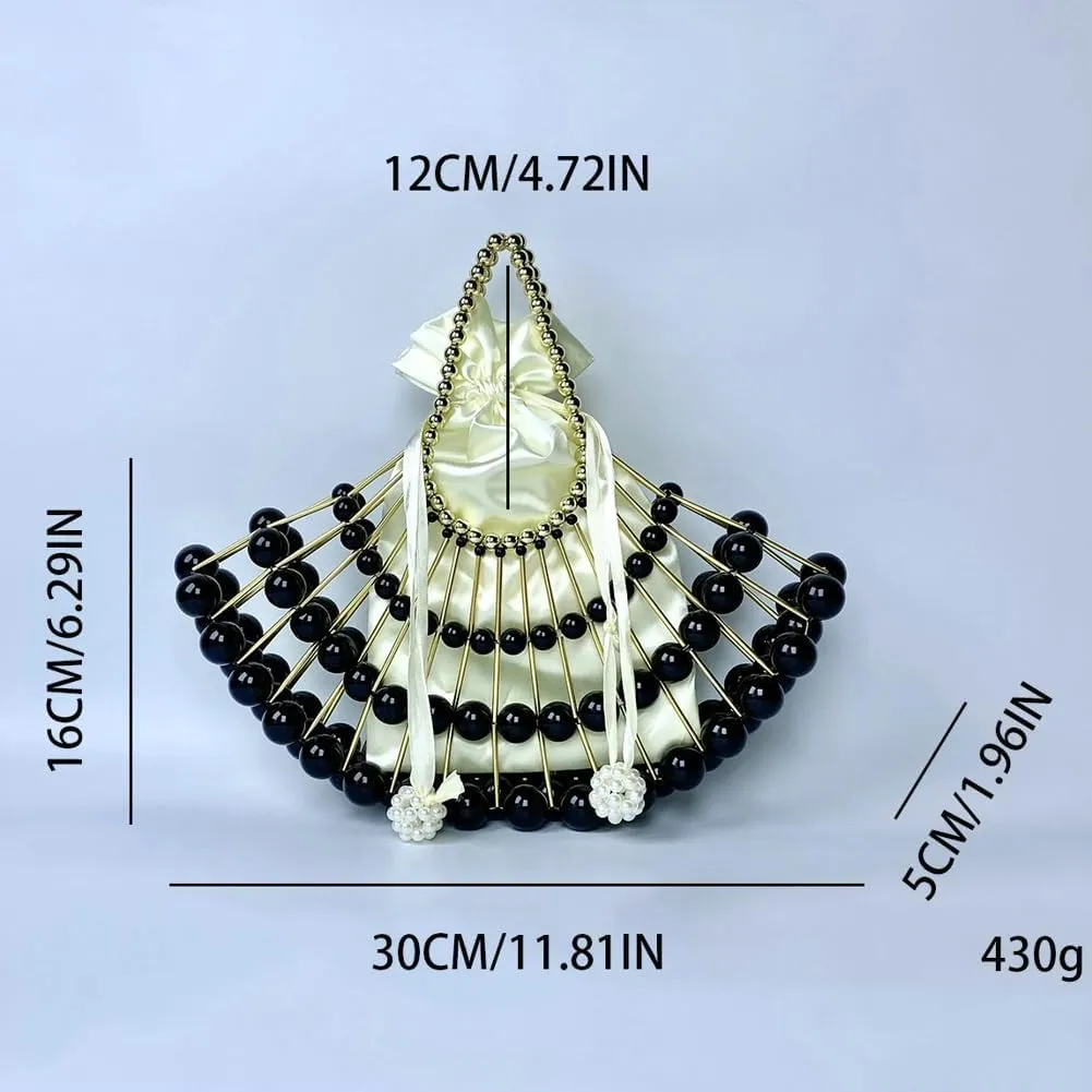 Rungion Womens Pearl Clutch Purse Shell Beaded Bridal Evening Bag Hollow Handmade Woven Handbags for Party Wedding