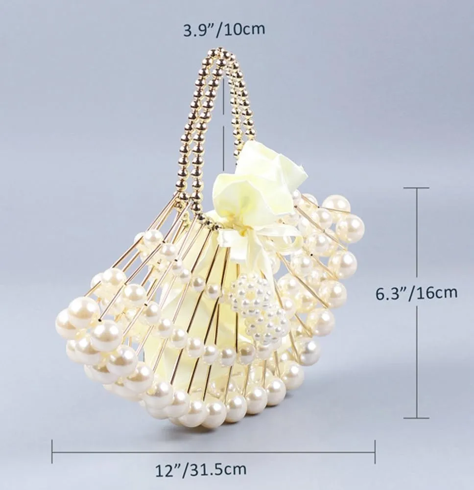 Rungion Womens Pearl Clutch Purse Shell Beaded Bridal Evening Bag Hollow Handmade Woven Handbags for Party Wedding