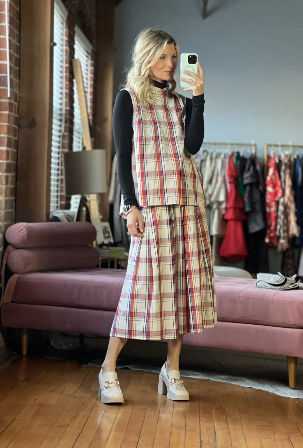 SAMPLE - BURU x Sabrina Smocked Waist MIDI Skirt - Primary Plaid