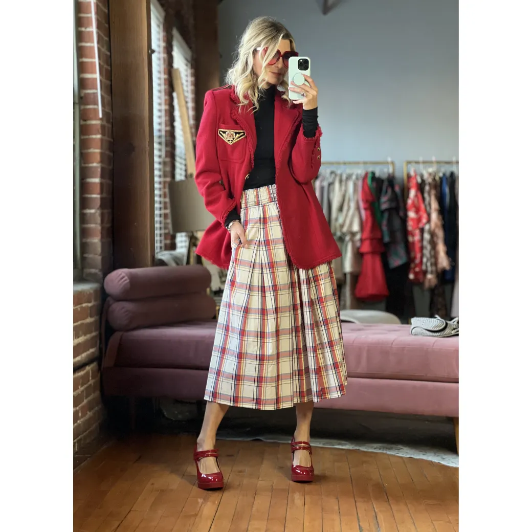 SAMPLE - BURU x Sabrina Smocked Waist MIDI Skirt - Primary Plaid