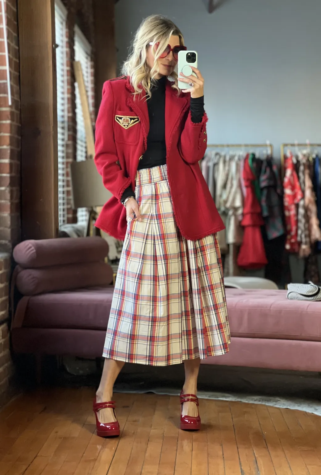 SAMPLE - BURU x Sabrina Smocked Waist MIDI Skirt - Primary Plaid