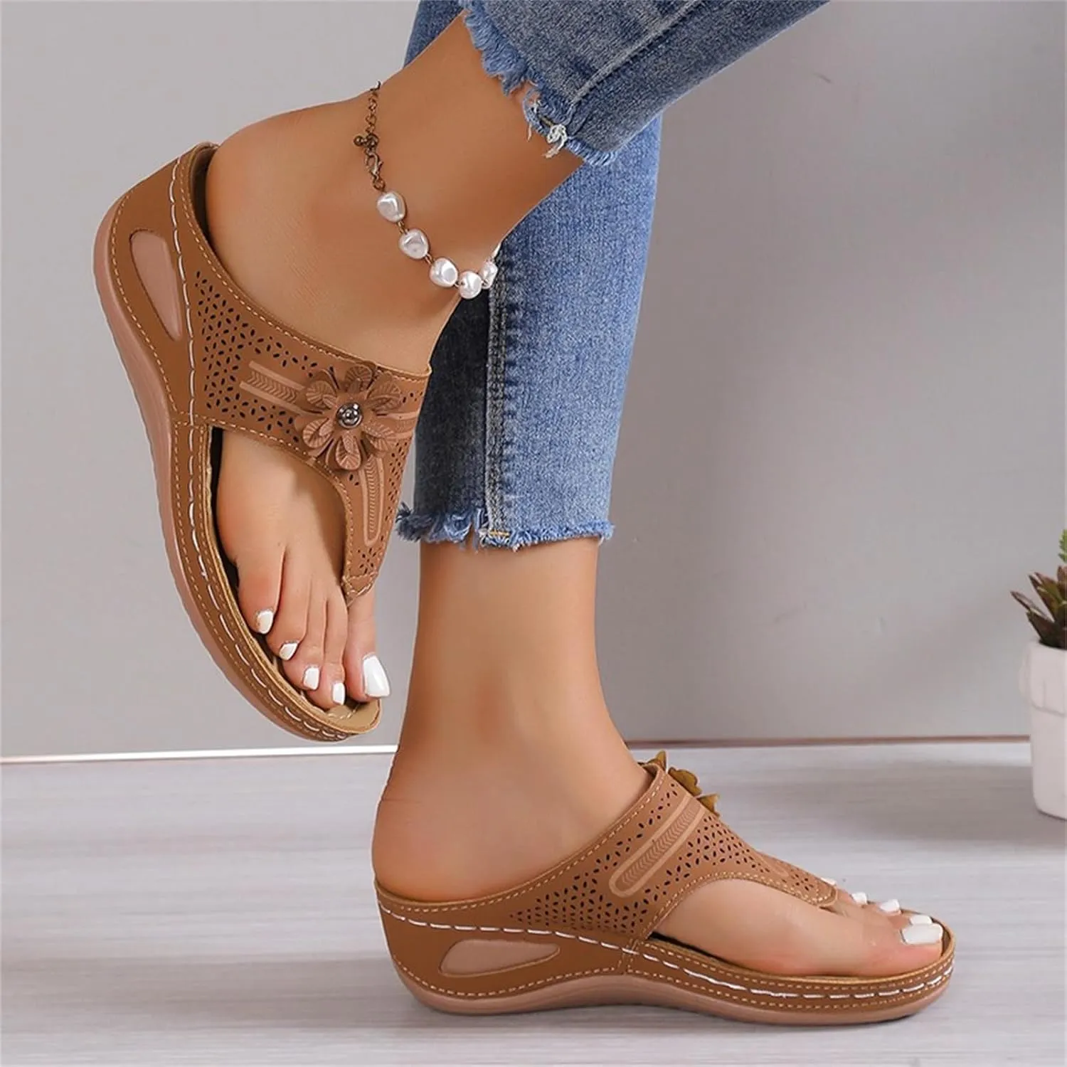 Sandals Women Wedge Shoes Comfortable Orthopedic Flower Platform Sandal Dressy Summer Arch Support Flip Flops