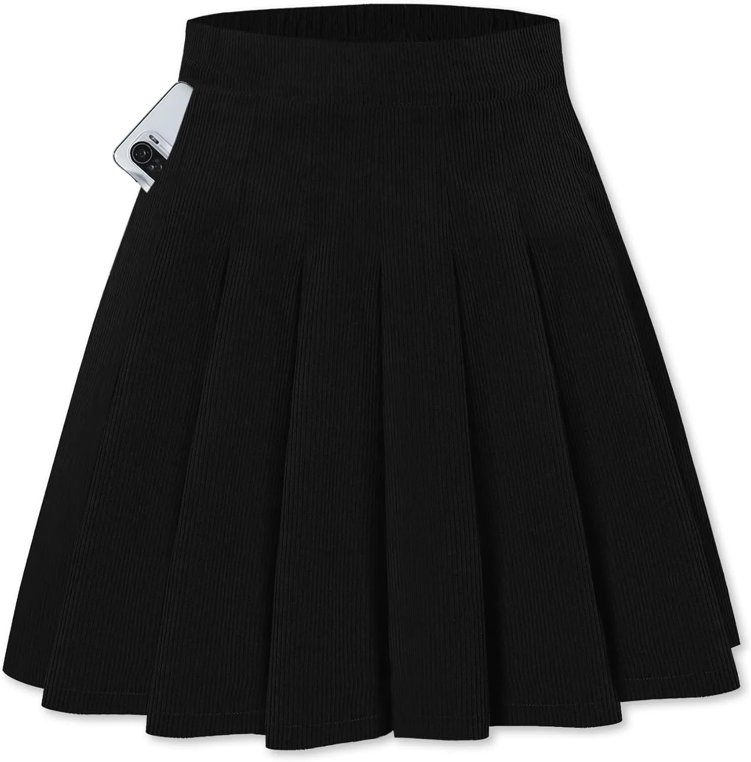 SANGTREE Women Corduroy Pleated Mini High Elastic Winter Skirts with Comfy Casual Stretchy Band