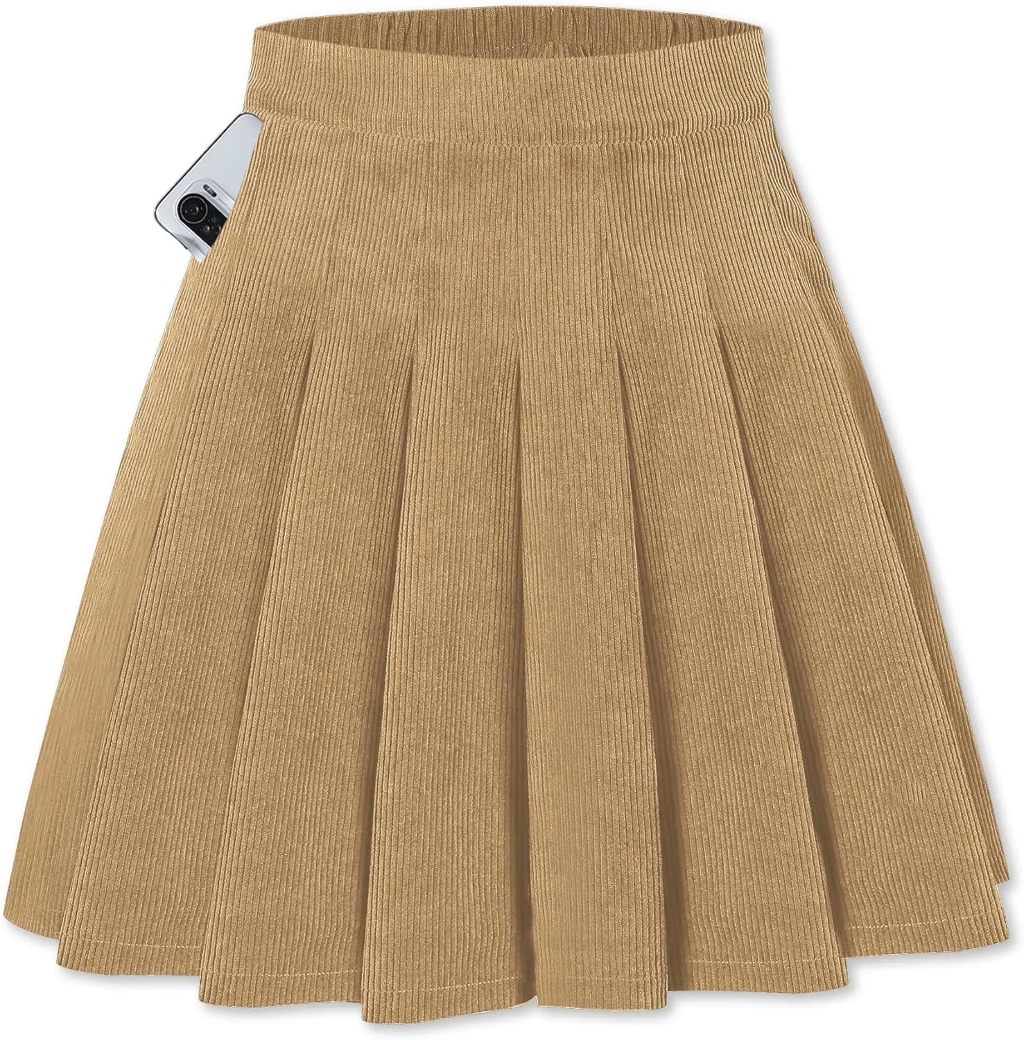SANGTREE Women Corduroy Pleated Mini High Elastic Winter Skirts with Comfy Casual Stretchy Band