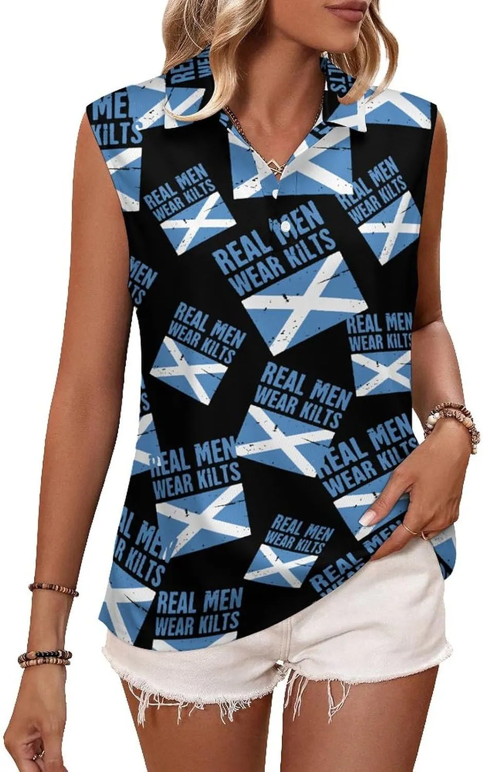 Scottish Flag Real Men Wear Kilts Women's Sleeveless Golf Polo Shirts Athletic Tank Tops
