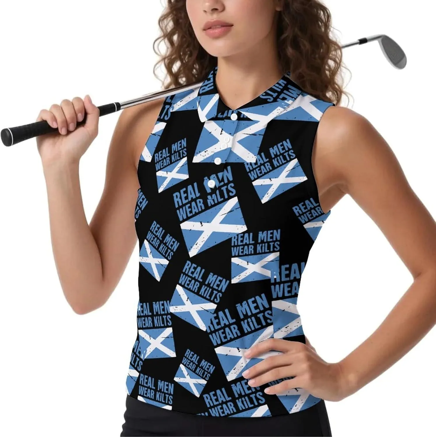 Scottish Flag Real Men Wear Kilts Women's Sleeveless Golf Polo Shirts Athletic Tank Tops