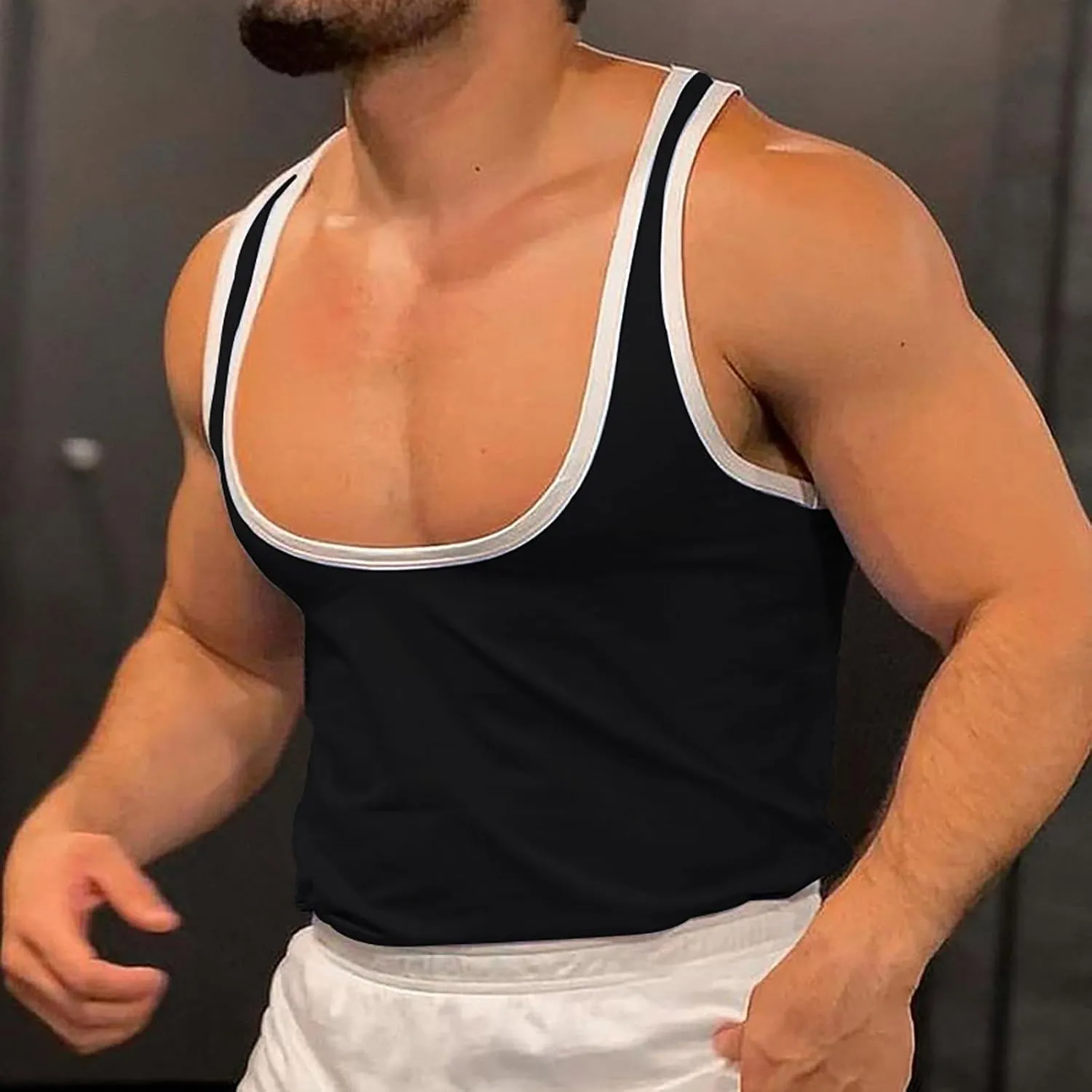 Sexy Muscle Fitted Workout Tops Men Scoop Neck Running Basic Tees Sleeveless Athletic Summer Shirts with Striped Trim