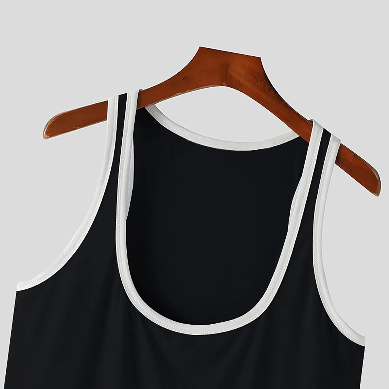 Sexy Muscle Fitted Workout Tops Men Scoop Neck Running Basic Tees Sleeveless Athletic Summer Shirts with Striped Trim