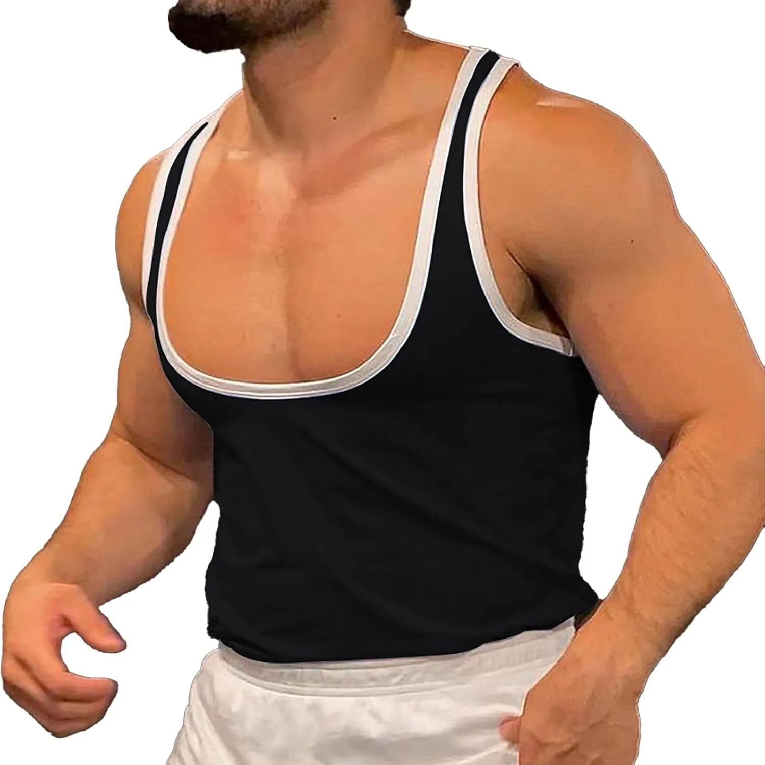 Sexy Muscle Fitted Workout Tops Men Scoop Neck Running Basic Tees Sleeveless Athletic Summer Shirts with Striped Trim
