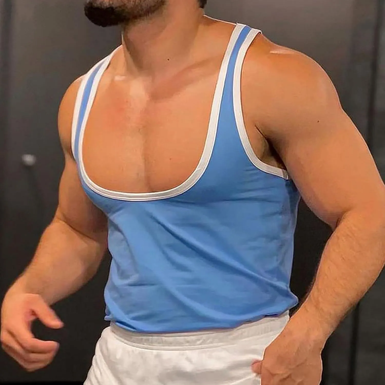 Sexy Muscle Fitted Workout Tops Men Scoop Neck Running Basic Tees Sleeveless Athletic Summer Shirts with Striped Trim