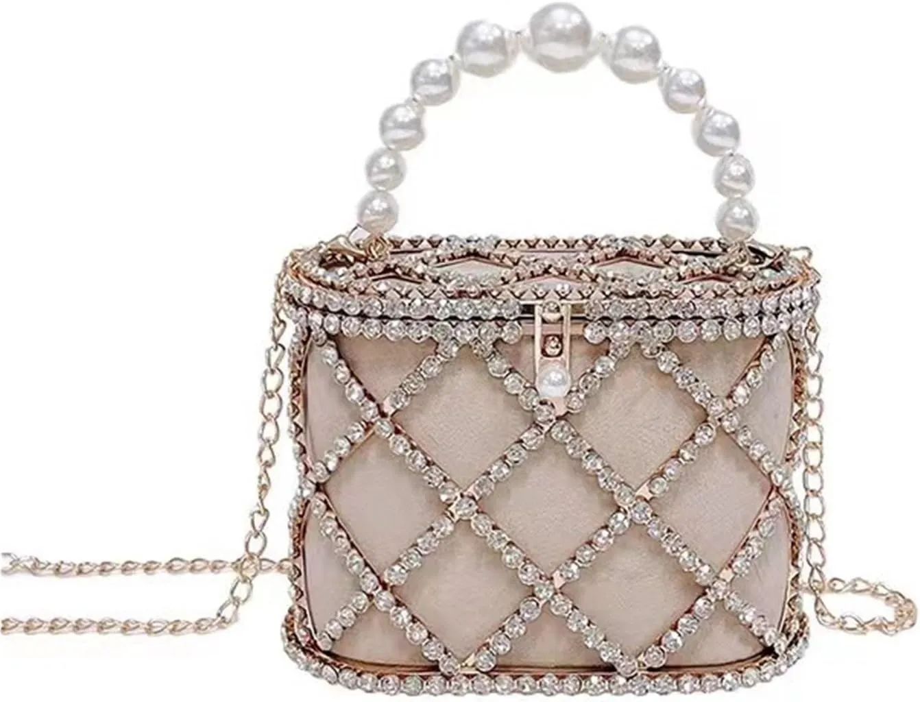 Shoulder Bags Diamonds Basket Evening Clutch Bag Women Hollow Out Beaded Metallic Cage Handbags Ladies Wedding Party Purse, Pink