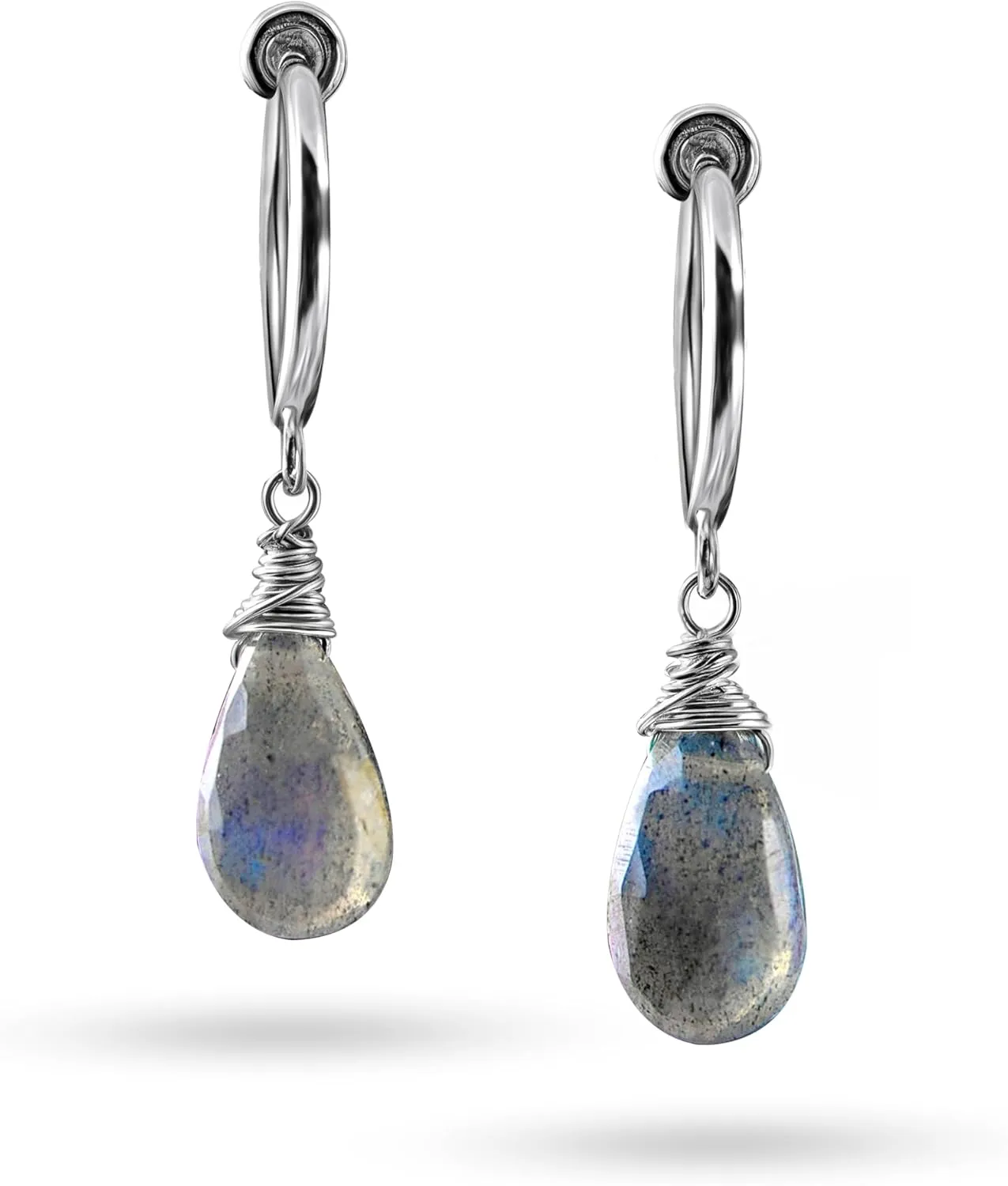 Silver Color clipon Hoops with Labradorite Drops, Silver, grey